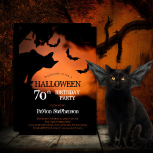 Invitation Chat éffrayant   Bats Halloween 70e fête d'anniver