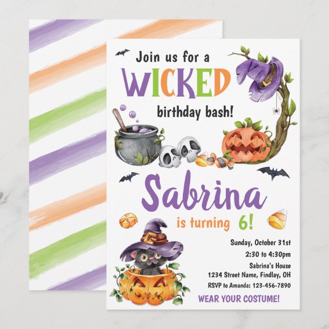 Invitation Chat en sorcière, fête d'anniversaire, tout âge (Devant / Derrière)