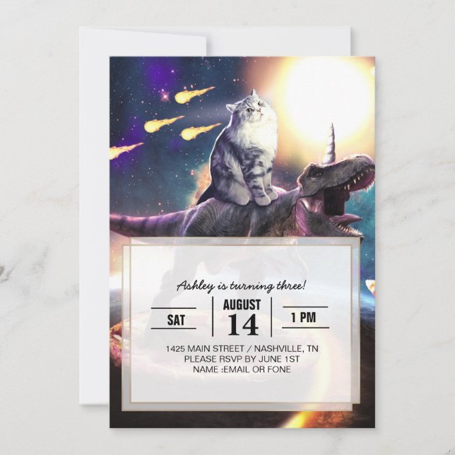 Invitation Chat équitation dinosaure licorne dans l'espace (Devant)