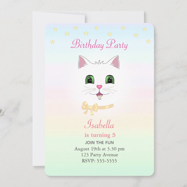 Invitation Chat & Etoiles sur Pastel Colors Anniversaire (Devant)