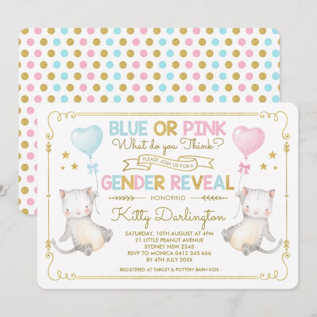 Invitation Chat Genre Reveal Kitten Baby shower Garçon ou fil (Devant / Derrière)
