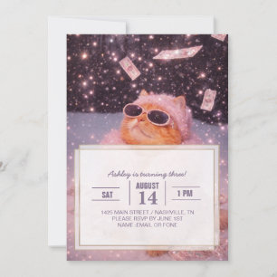 Invitation Chat Glam Money en manteau de fourrure rose et lun