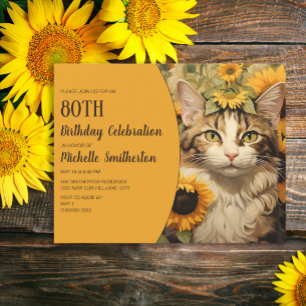 Invitation Chat gris blanc Tournesols jaunes 80e anniversaire