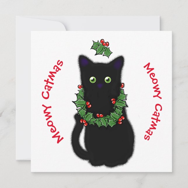 Invitation Chat Meowy Catmas dessin Holly Berries Noël (Devant)