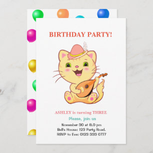 Invitation Chat mignon et ballons multicolores Anniversaire