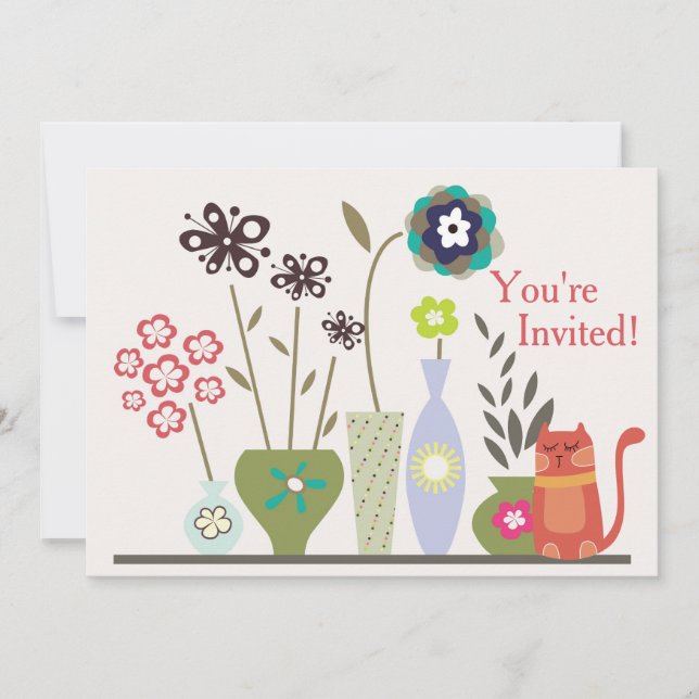 Invitation Chat mignon et fleurs pointillées Anniversaire (Devant)