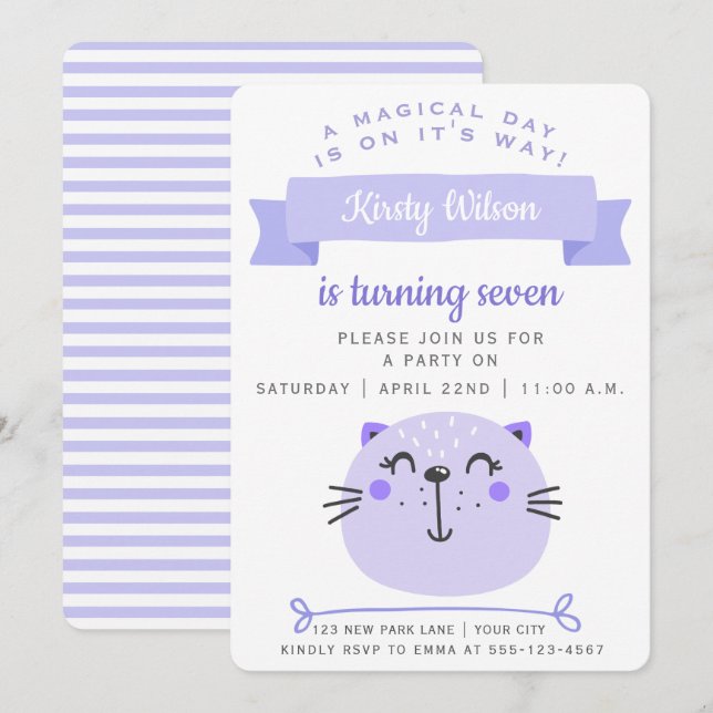 Invitation Chat mignon pourpre | Lilac Stripes - Anniversaire (Devant / Derrière)
