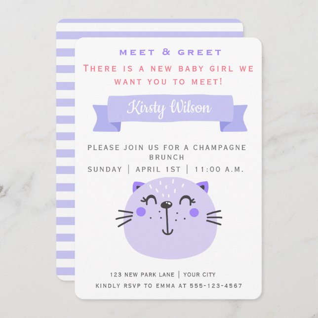 Invitation Chat mignon pourpre | Meet & Greet New Baby (Devant / Derrière)