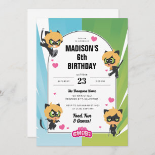 Invitation Chat Miraculeux Noir Chibi Anniversaire