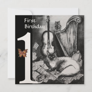 Invitation CHAT MUSICAL Première fête d'anniversaire Champagn