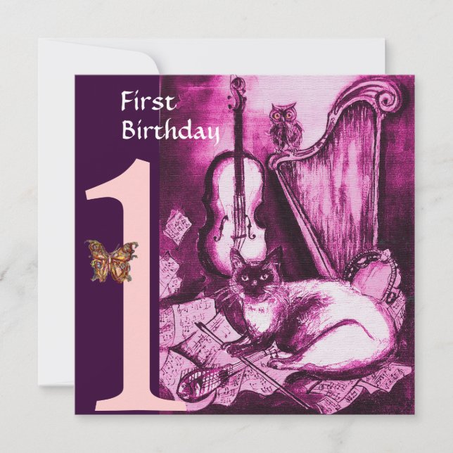 Invitation CHAT MUSICAL Rose Fuchsia Premier anniversaire (Devant)