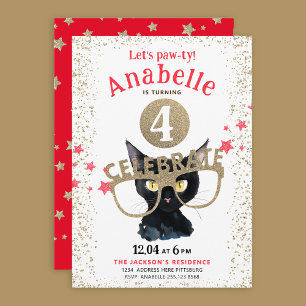 Invitation Chat Noir Amusant Paillettes Dorées Étoiles Rouges
