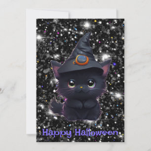 Invitation Chat noir d'Halloween blanc mignon