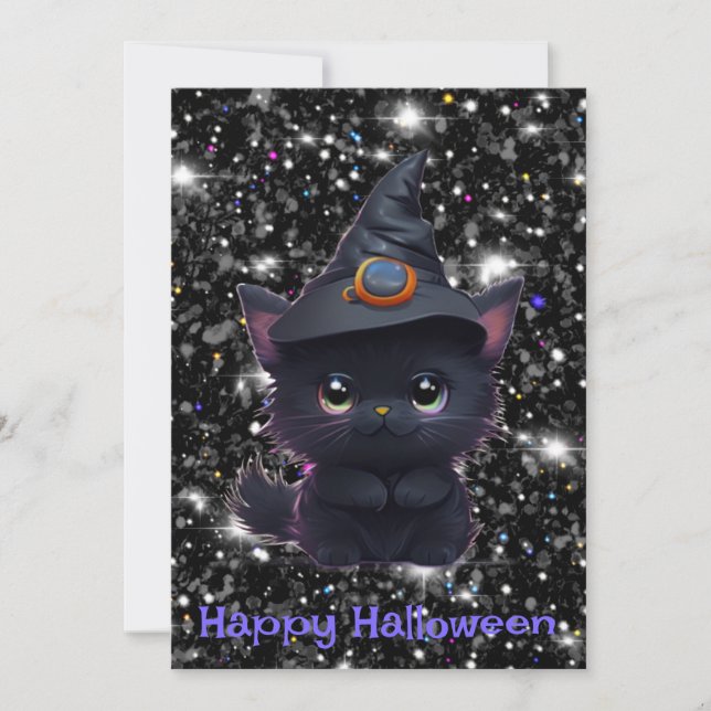 Invitation Chat noir d'Halloween blanc mignon (Devant)