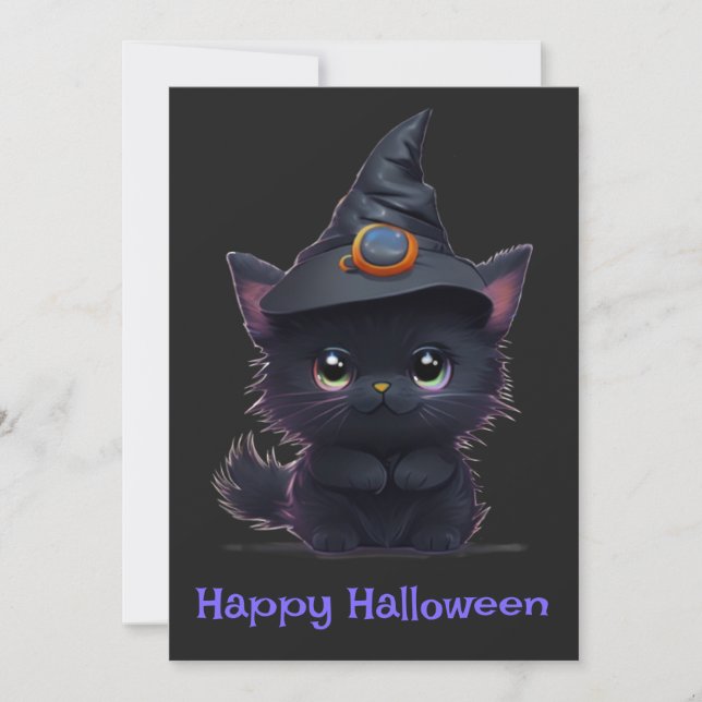 Invitation Chat noir d'Halloween blanc mignon (Devant)