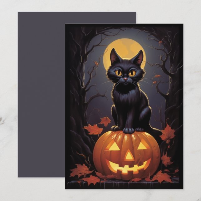 Invitation Chat noir d'Halloween et Citrouille (Devant / Derrière)