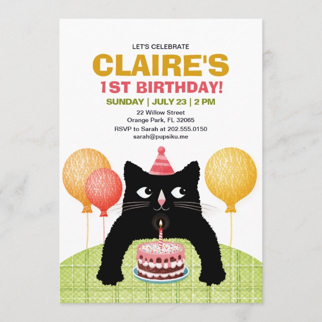 Invitation Chat noir et gâteau d'anniversaire. (Devant)