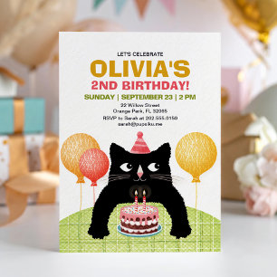 Invitation Chat noir et gâteau d'anniversaire.
