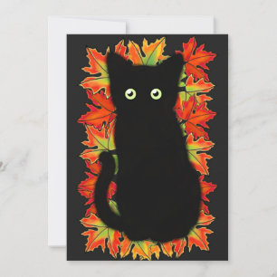 Invitation Chat noir, Feuilles d'automne motif, Halloween amu