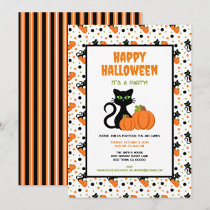 Invitation Chat noir mignon et Citrouille heureux Halloween