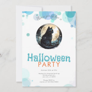 Invitation Chat noir pleine lune étoiles Halloween fête migno
