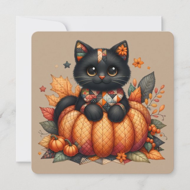 Invitation Chat noir sur Citrouille avec Motif de courtepoint (Devant)