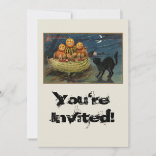 Invitation Chat noir vintage Halloween Citrouille