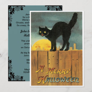 Invitation Chat Noir Vintage Sur Une Clôture Halloween