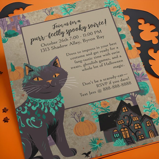Invitation Chat noir Whimsical Rustique Neutral Vert Hallowee (Whimsical black cat halloween party invitation with orange green & purple pops on rustic neutral.)
