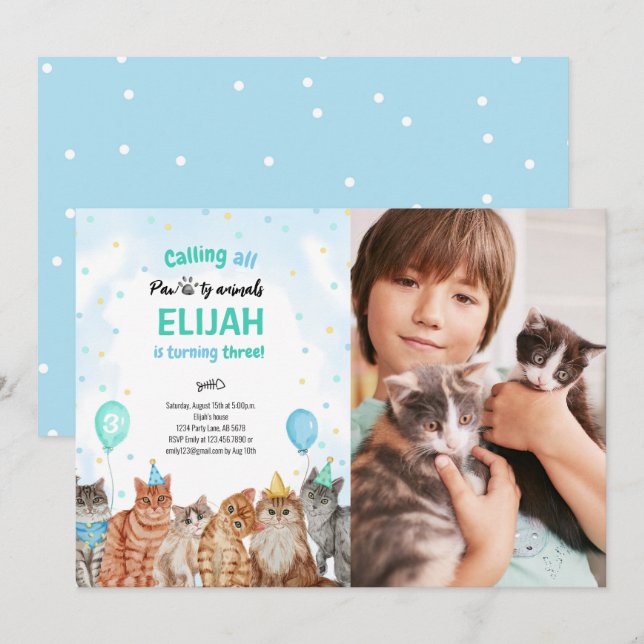 Invitation Chat Pawty Animaux Garçon Photo Anniversaire (Devant / Derrière)