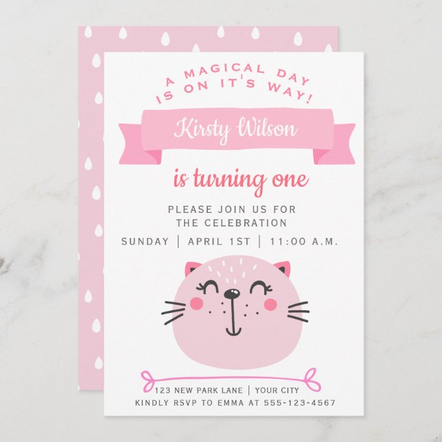 Invitation Chat rose | ANNIVERSAIRE DE ENFANT (Devant / Derrière)