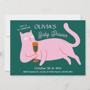 Invitation Chat rose vert mignon baby shower