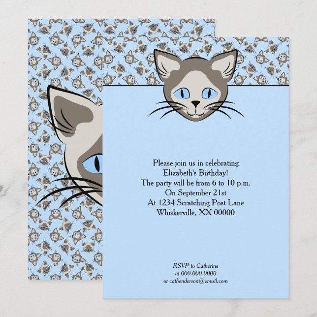 Invitation Chat Siamese Blue Eyed face Motif d'art graphique (Devant / Derrière)