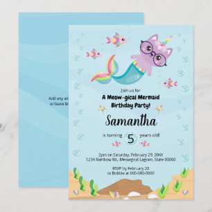 Invitation Chat Sirène Unicorne sous la fête d'anniversaire d