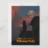 Chat sur le toit avec une pleine lune Halloween