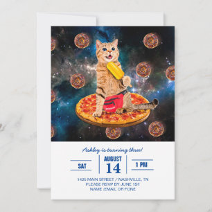 Invitation Chat sur une pizza mangeant de la glace lolly