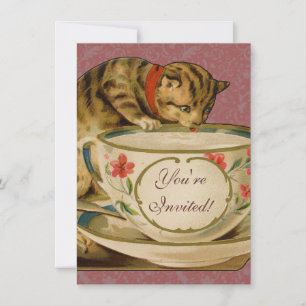 Invitation Chat Tasse à Thé Mignon Vintage Victorien Animal C