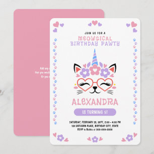 Invitation Chat Unicorn rose violet bleu violet fête d'annive