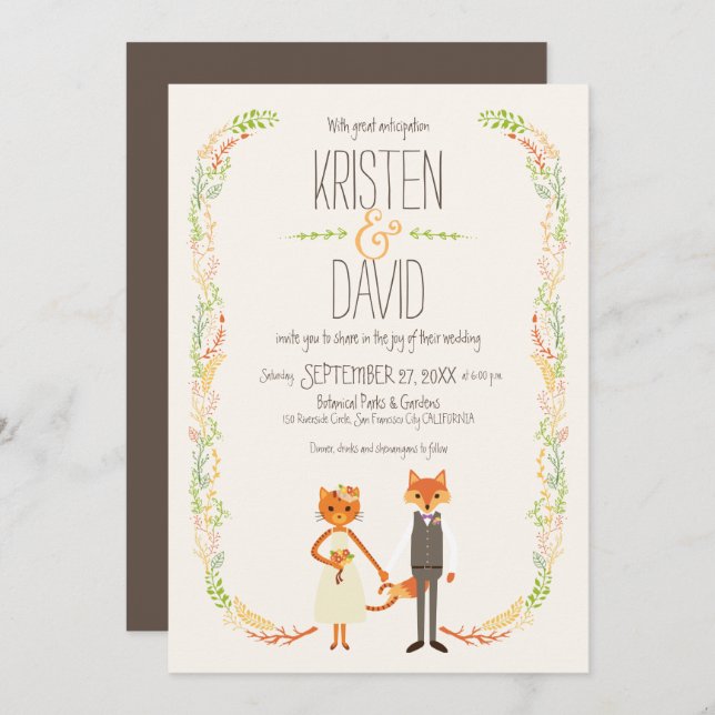 Invitation Chat Whimsland et Fox Couple Mariage (Devant / Derrière)