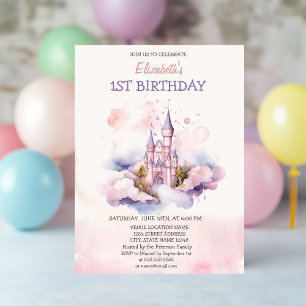 Invitation Château Aquarelle Nuages Fée Anniversaire