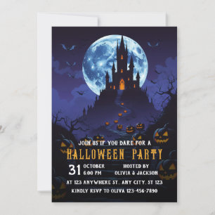 Invitation Château Avec Lune, Halloween Citrouille