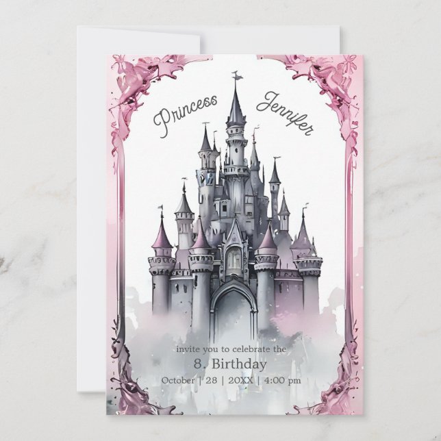 Invitation château de conte de fées de princesse rose (Devant)