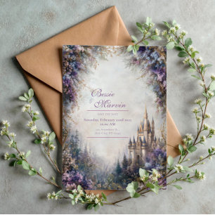 Invitation Château de Conte de Fées Fleurs Violettes Mariage 