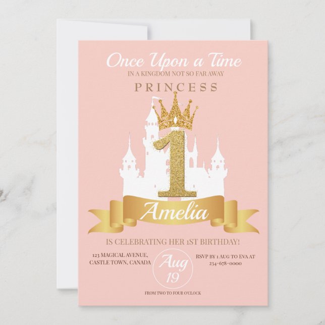 Invitation Château de Couronne rose Royaume Princesse 1er ann (Devant)