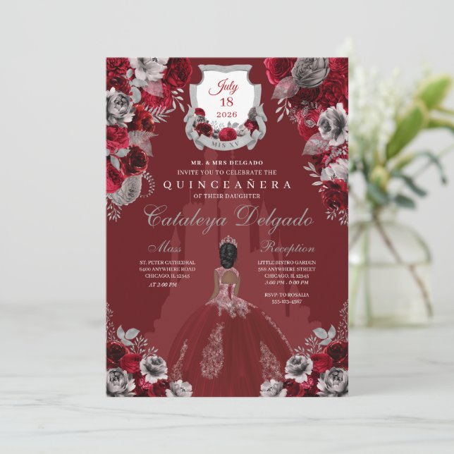 Invitation Château de la Princesse Rouge et Argent Quinceañer (Debout devant)