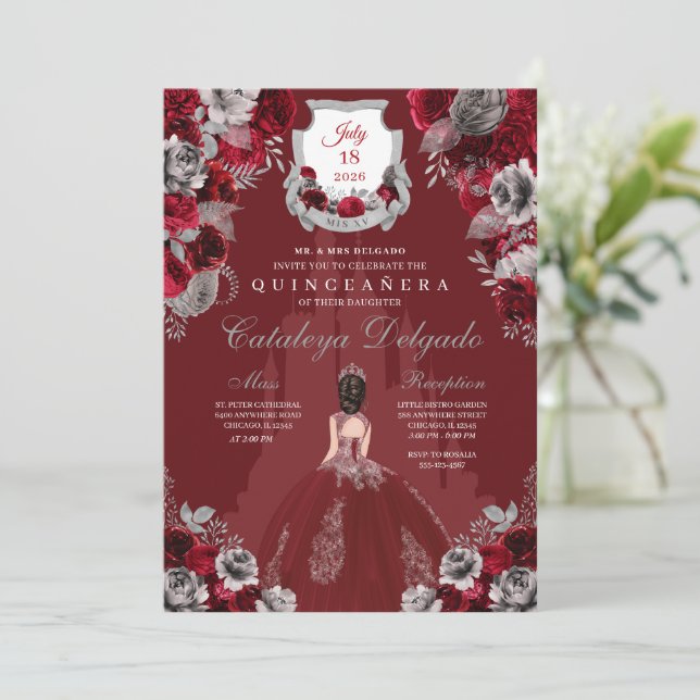 Invitation Château de la Princesse Rouge et Argent Quinceañer (Debout devant)