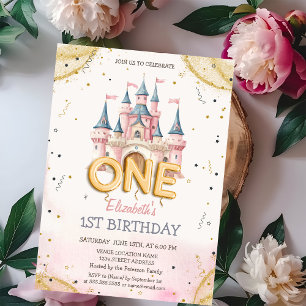 Invitation Château de Princesse Confettis Aquarelle 1er Anniv