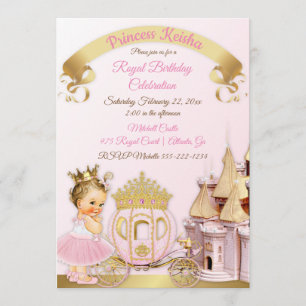 Invitation Château de Princesse Royale Carrosse Rose Or Fille