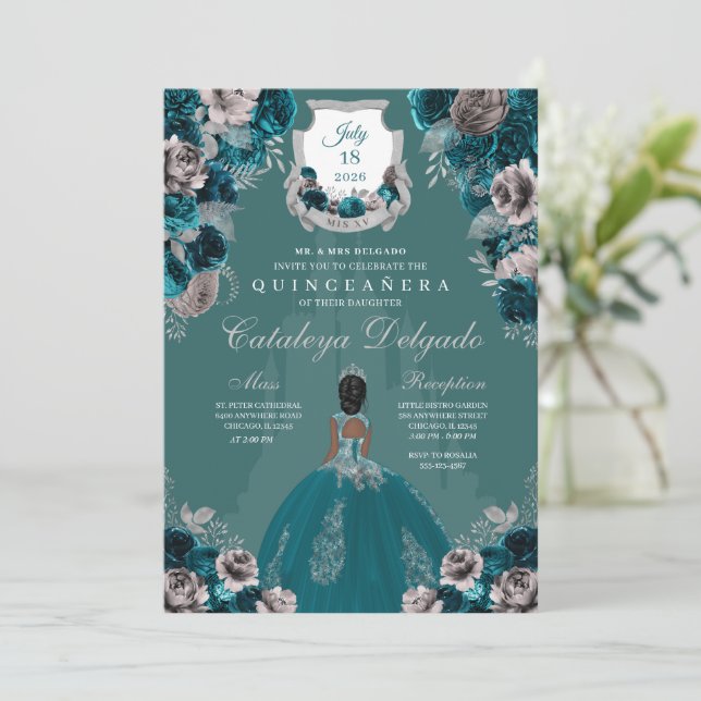 Invitation Château de Princesse turquoise et Argent Quinceañe (Debout devant)