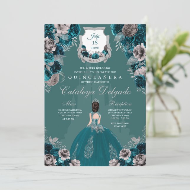 Invitation Château de Princesse turquoise et Argent Quinceañe (Debout devant)